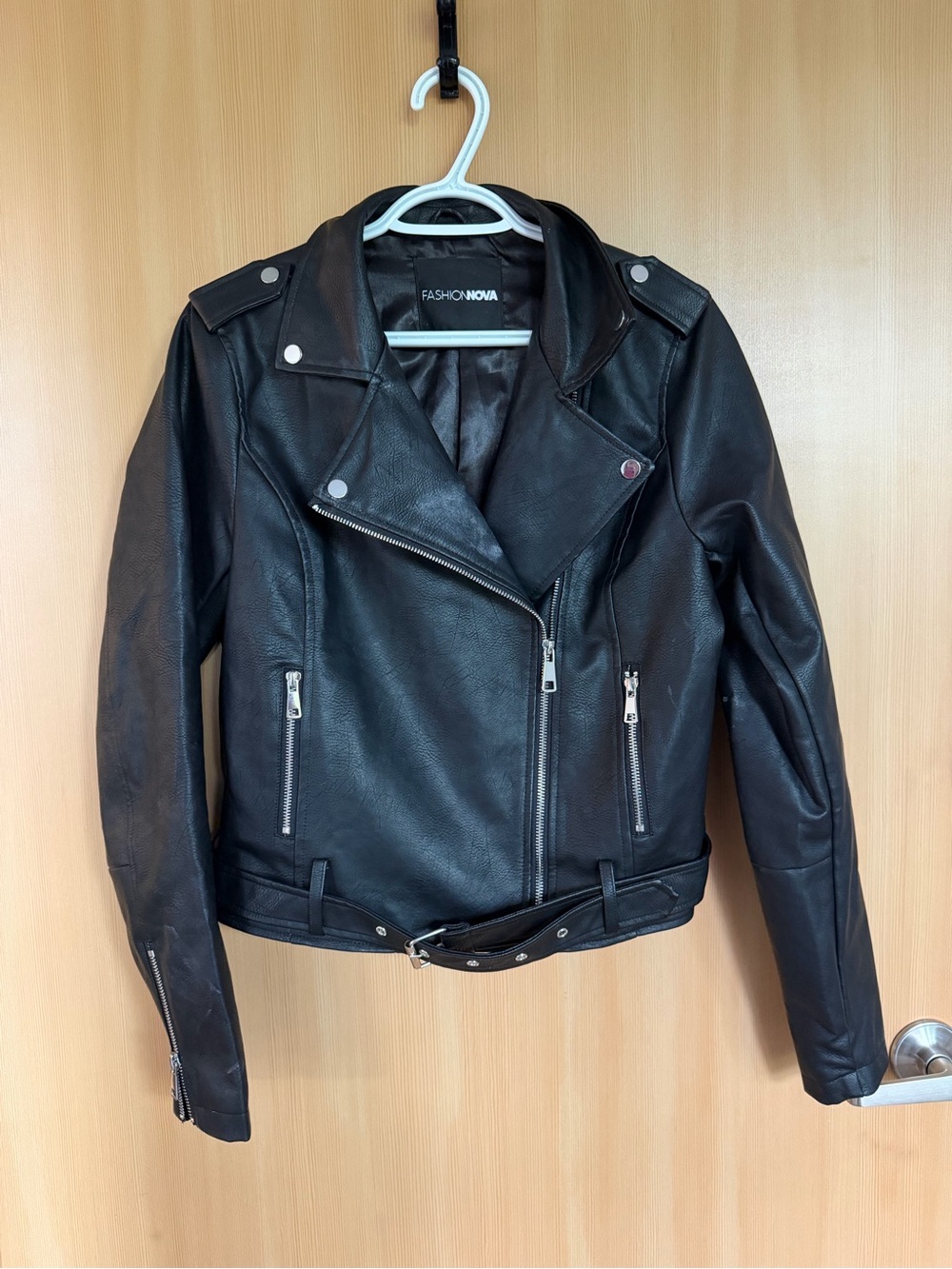 Fashion Nova Black Faux Leather Biker Jacket with Belt